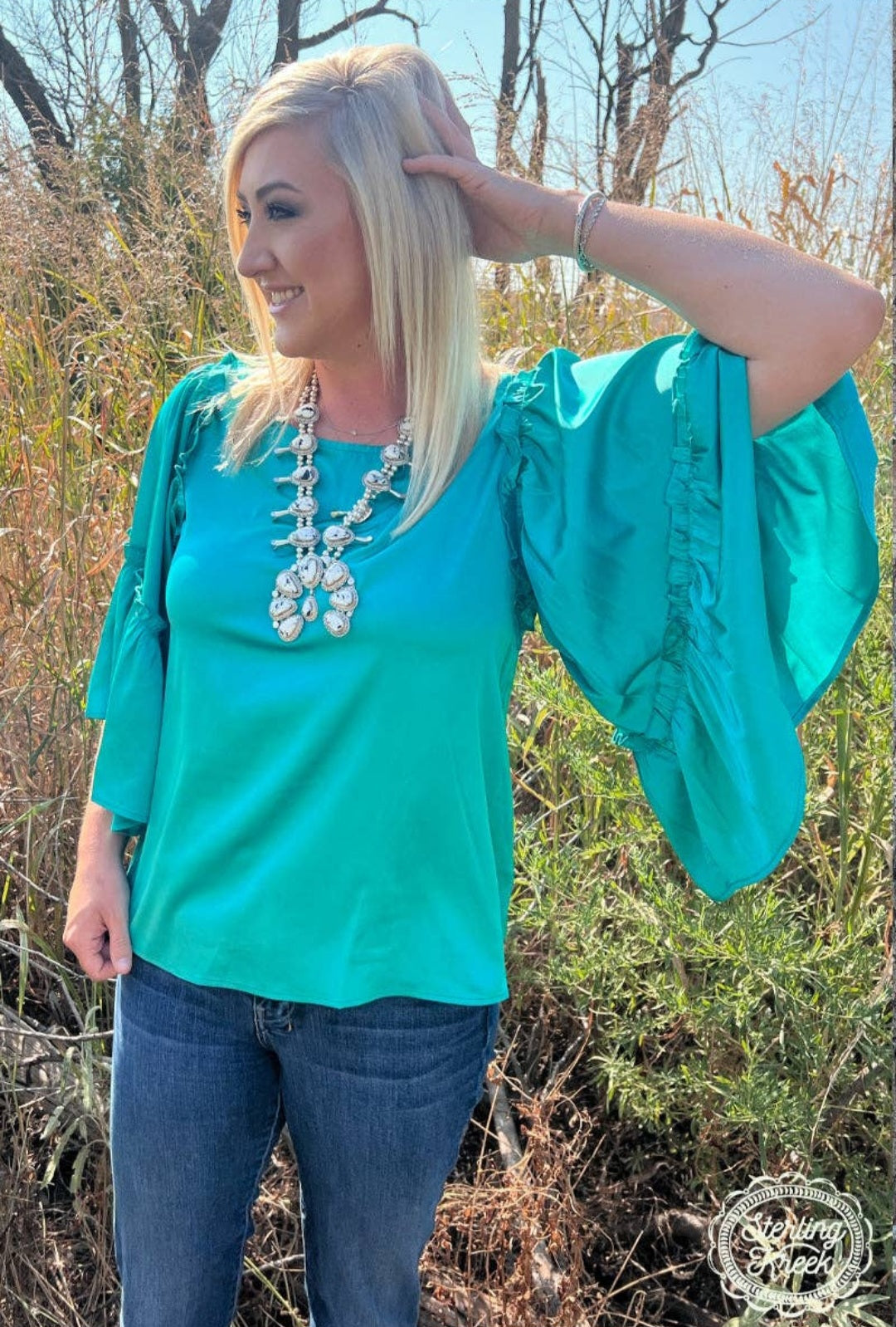 Sterling kreek INTO THE NIGHT SILK TOP in turquoise and wine red