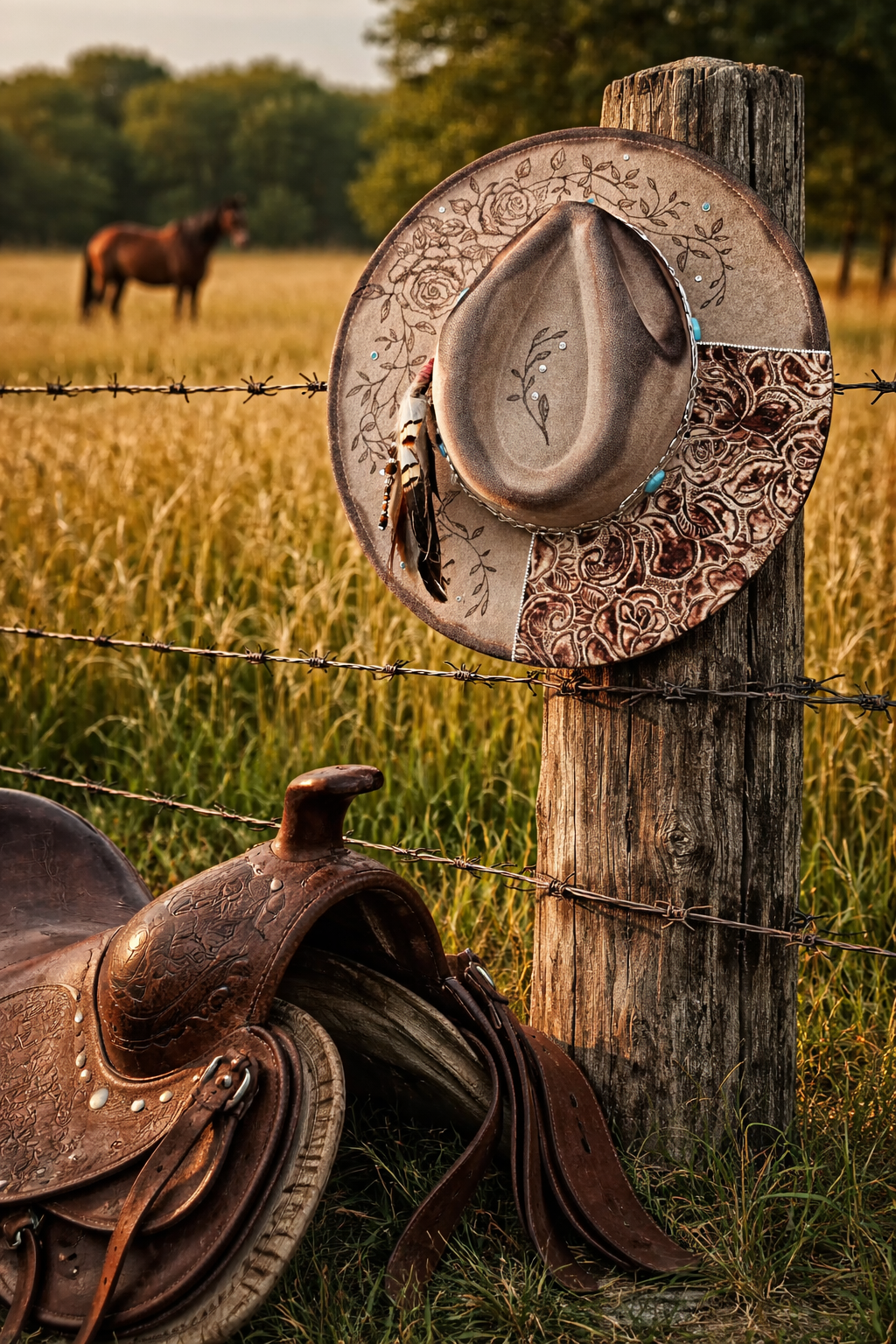 Handcrafted Western Cowboy Hat-Floral Tooled Leather & Feather Accent