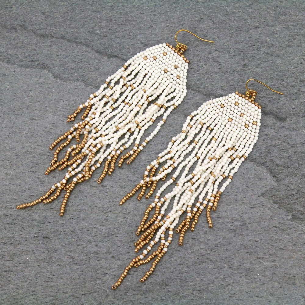 White and gold boho seed bead tassel earrings