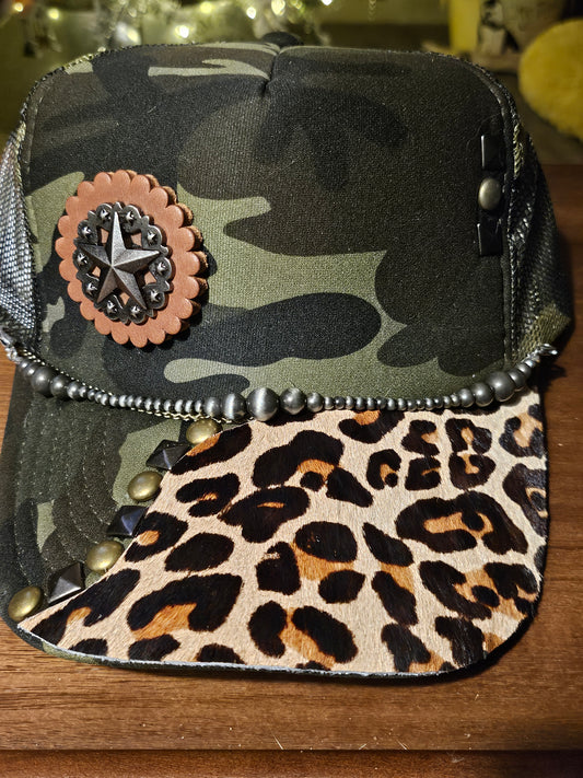 Western trucker hat with cowhide and conchos