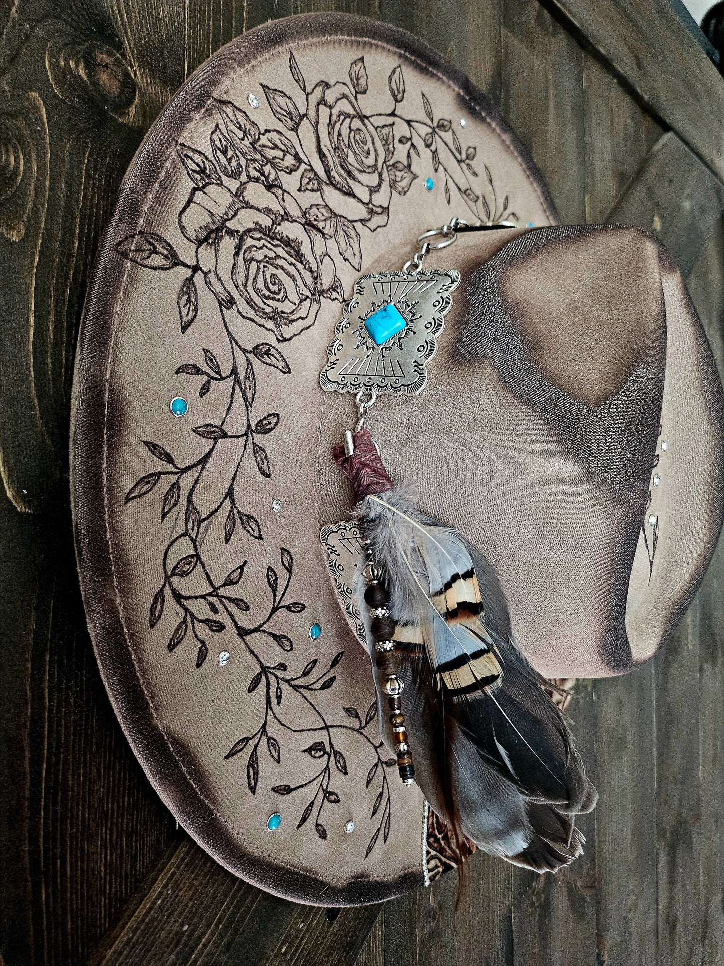 Handcrafted Western Cowboy Hat-Floral Tooled Leather & Feather Accent
