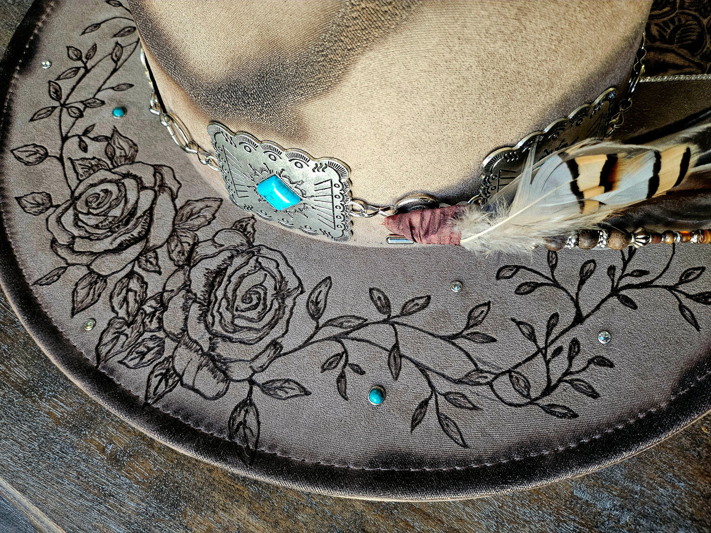 Handcrafted Western Cowboy Hat-Floral Tooled Leather & Feather Accent