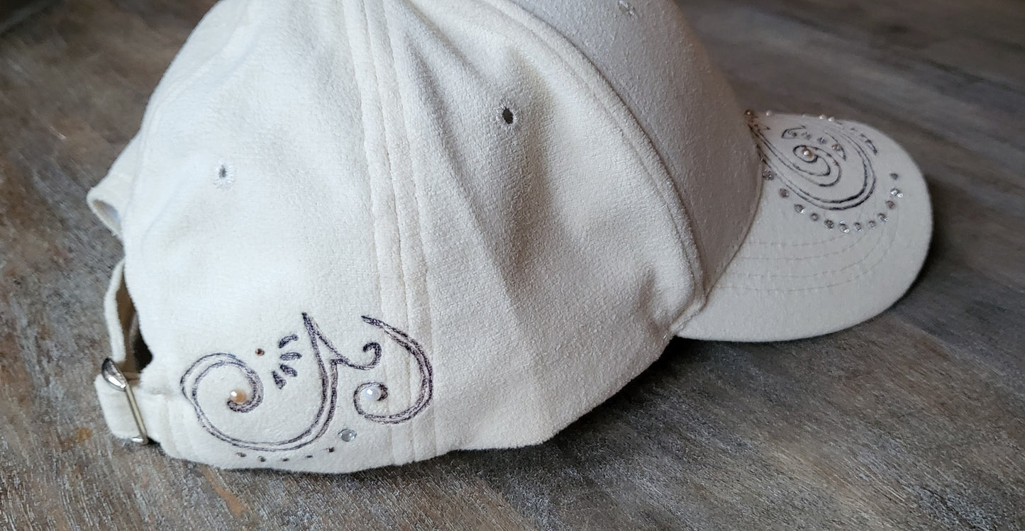 Rhinestone and pearls hand burned baseball cap in ivory faux suede