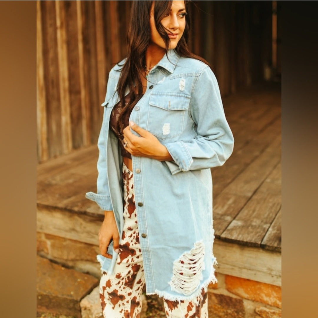 Stylish Distressed Light Blue Denim Jacket Top