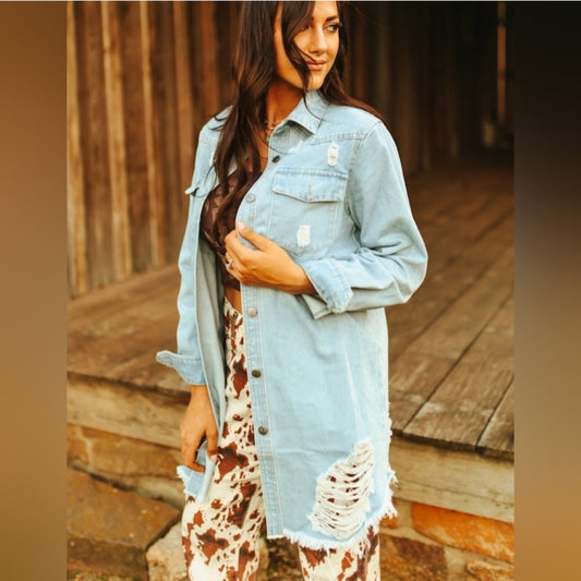 Stylish Distressed Light Blue Denim Jacket Top