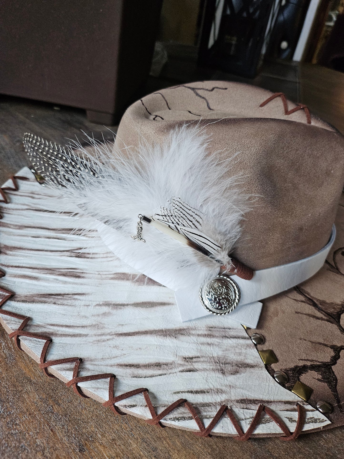 Hand Burned Western Fedora Cowboy Hat With Genuine Leather