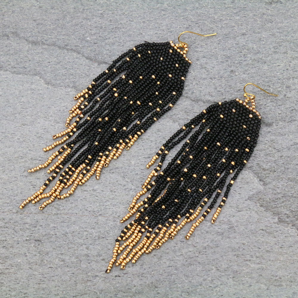 Black and Gold Long beaded boho tassel earrings