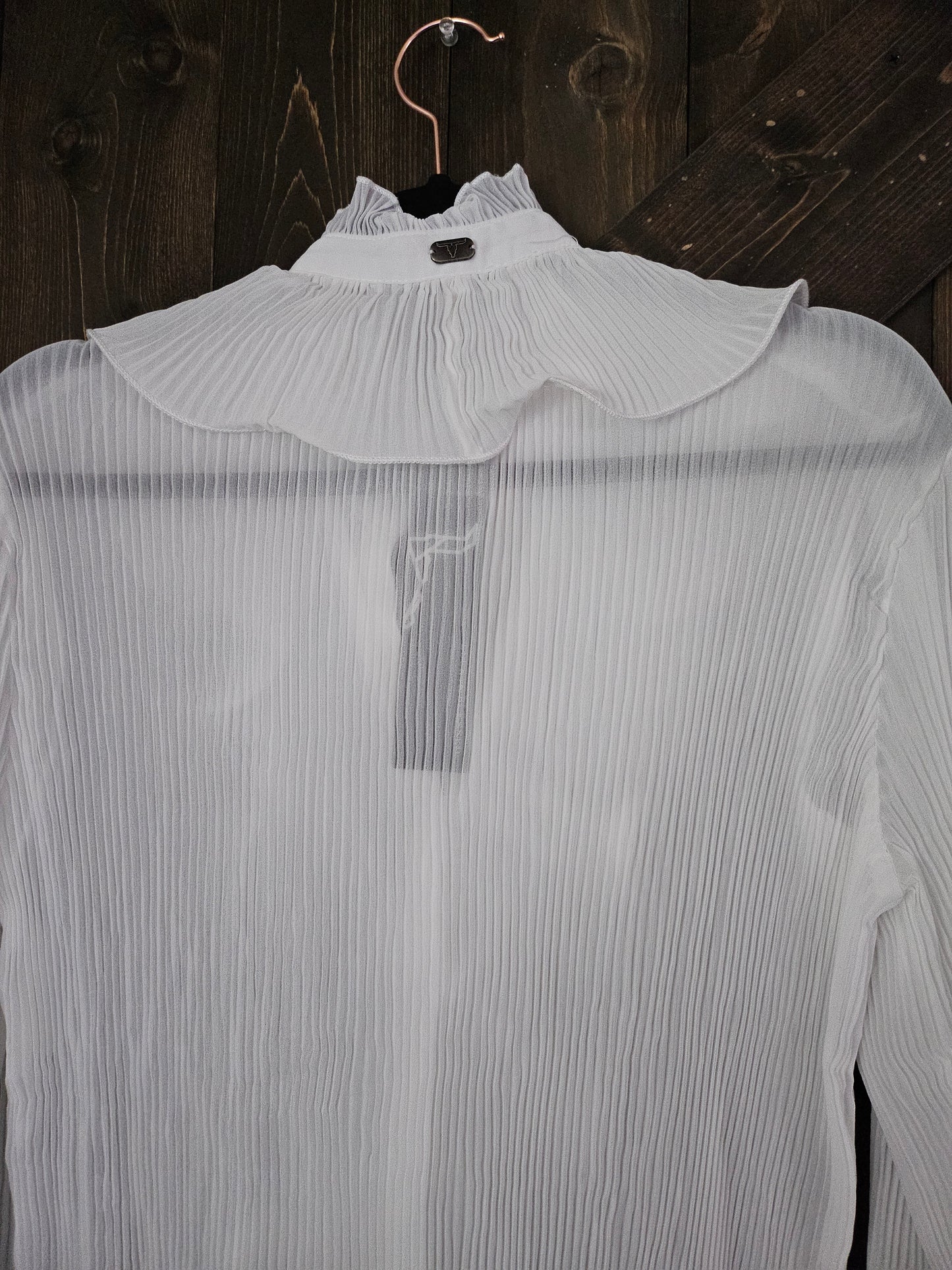 White Sheer long Sleeve Ruffle Front Blouse