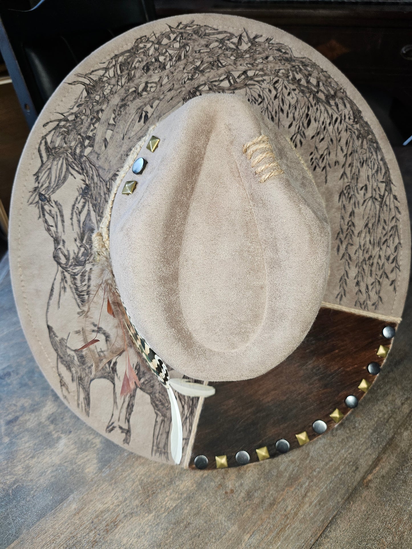 Taupe Fedora Hat hand burned with a horse under a weeping willow