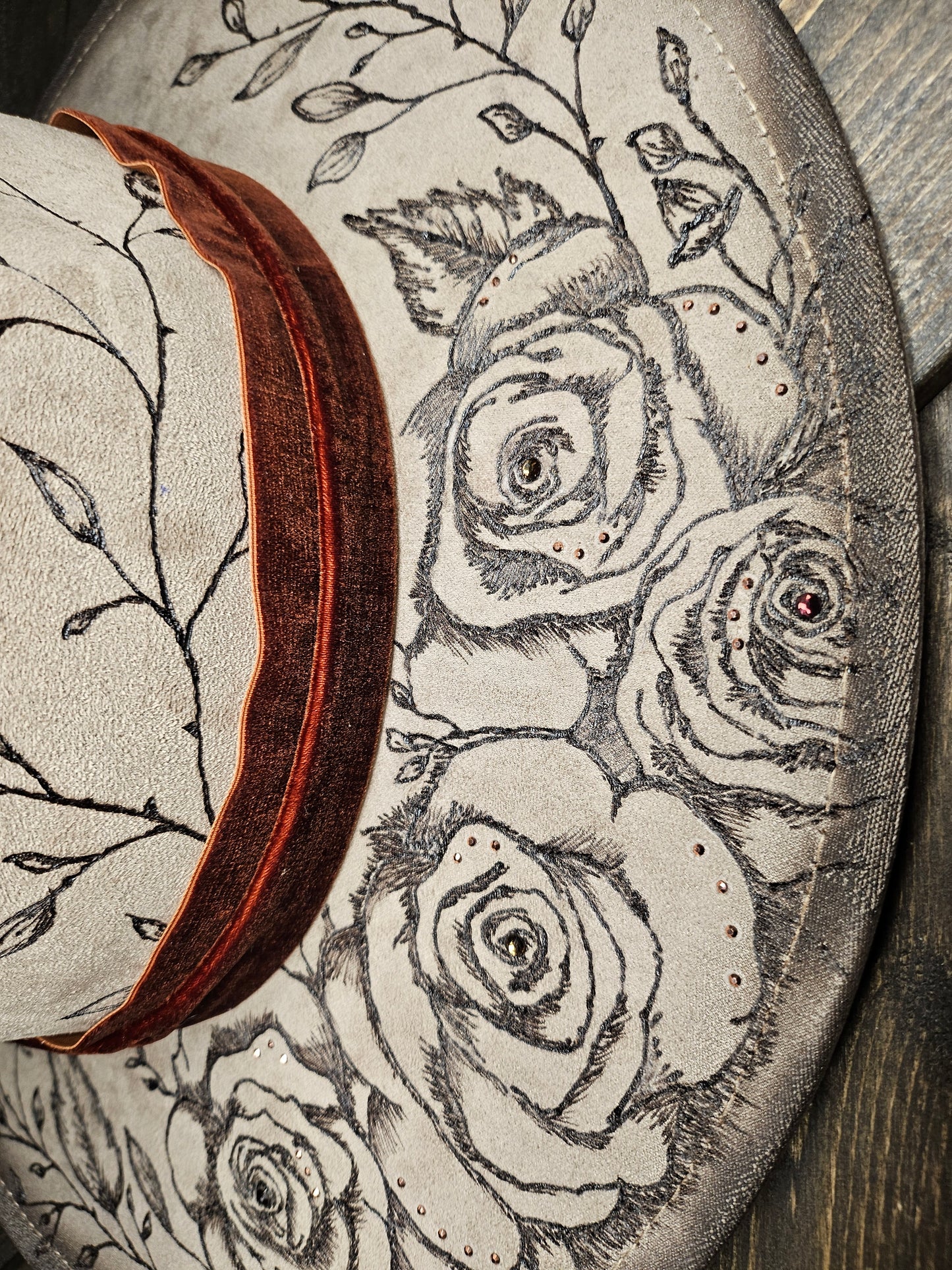 Beige valentines heart fedora  custom hand burned with roses and rhinestones.