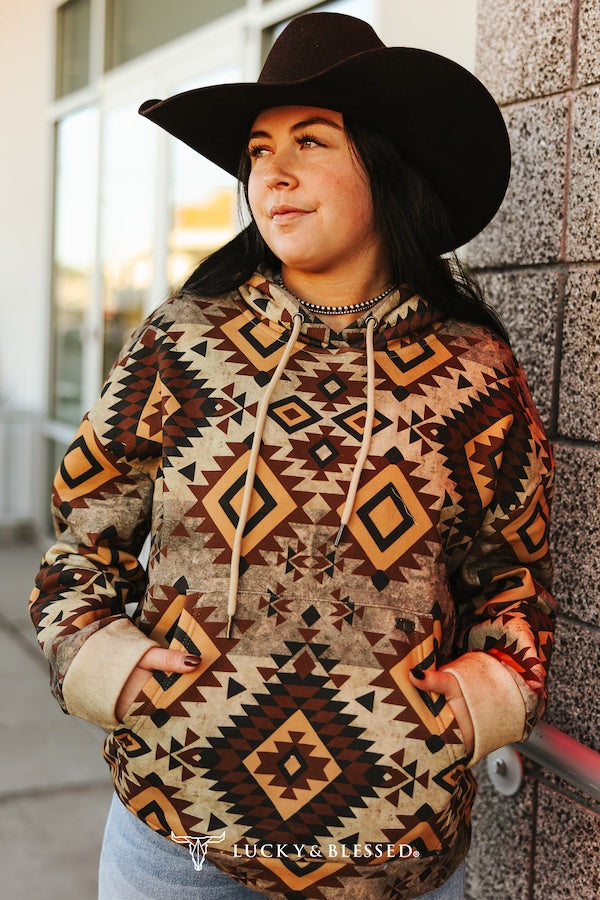 Western Brown Vintage Aztec Printed Drawstring Hoodie