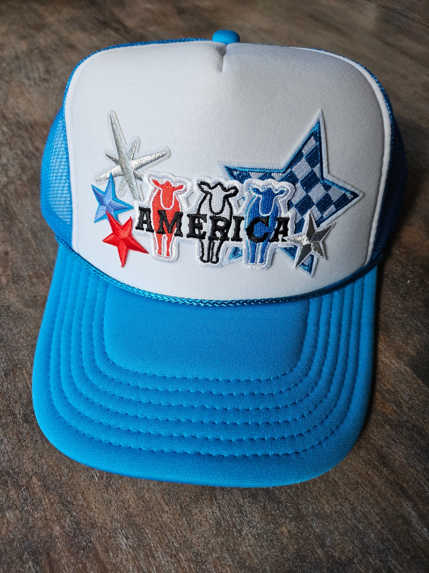 Red, white, and blue trucker hats