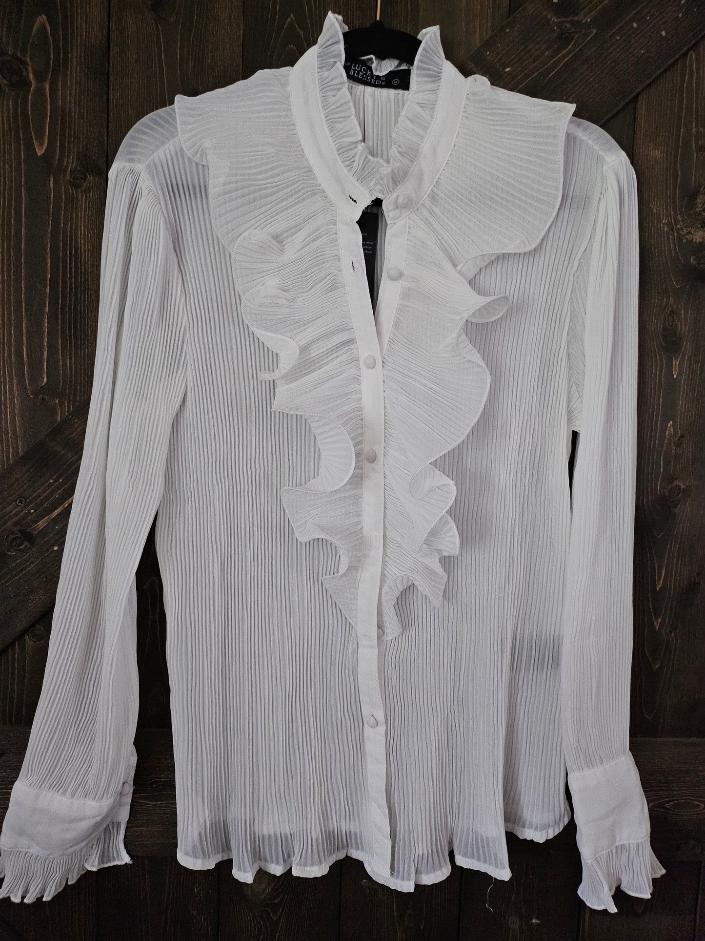 White Sheer long Sleeve Ruffle Front Blouse