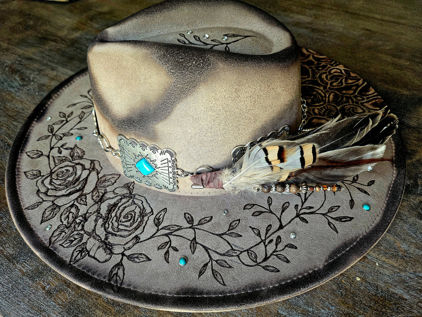 Handcrafted Western Cowboy Hat-Floral Tooled Leather & Feather Accent