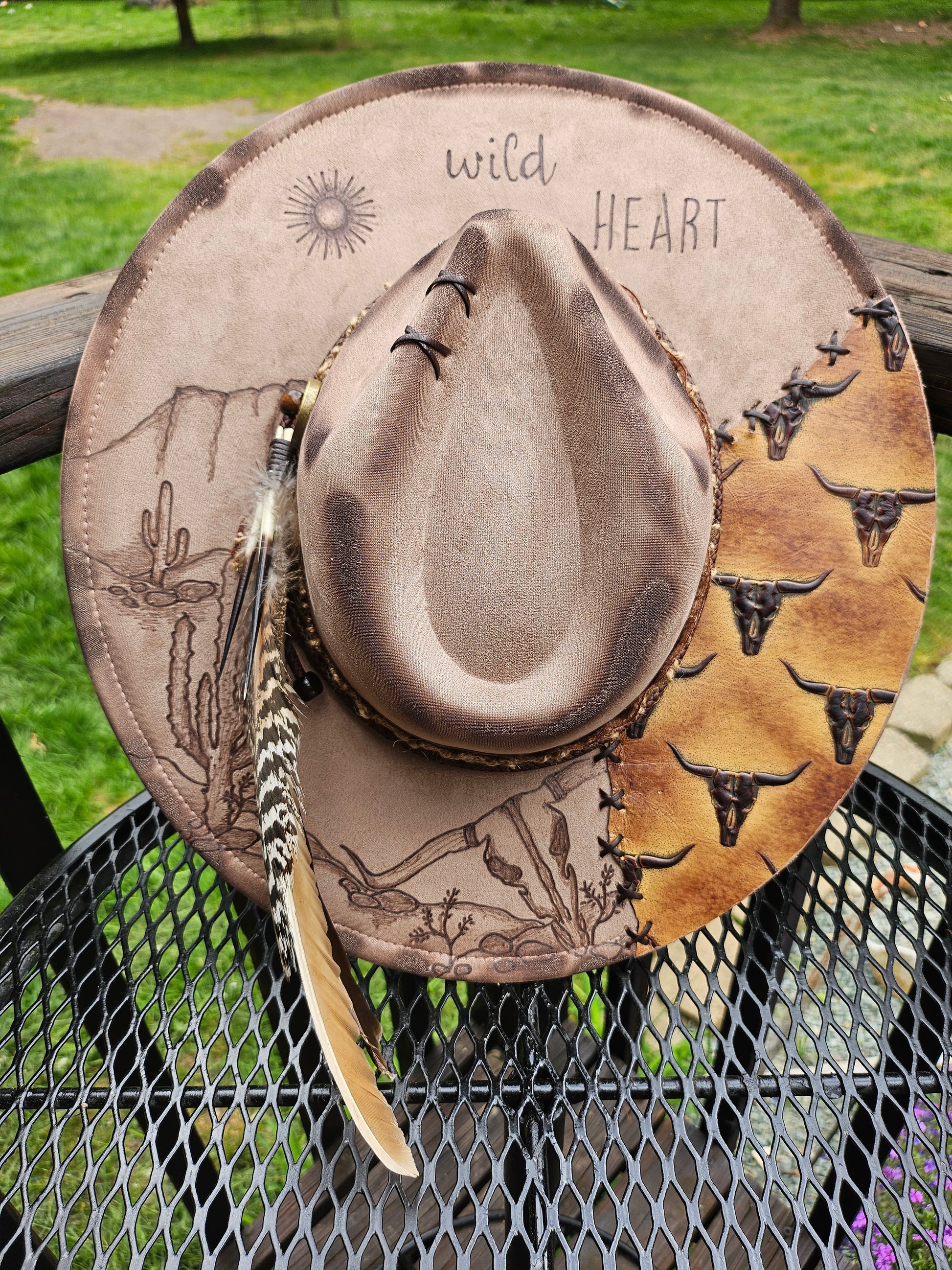 Wild heart desert scape burned Fedora cowboy hat.