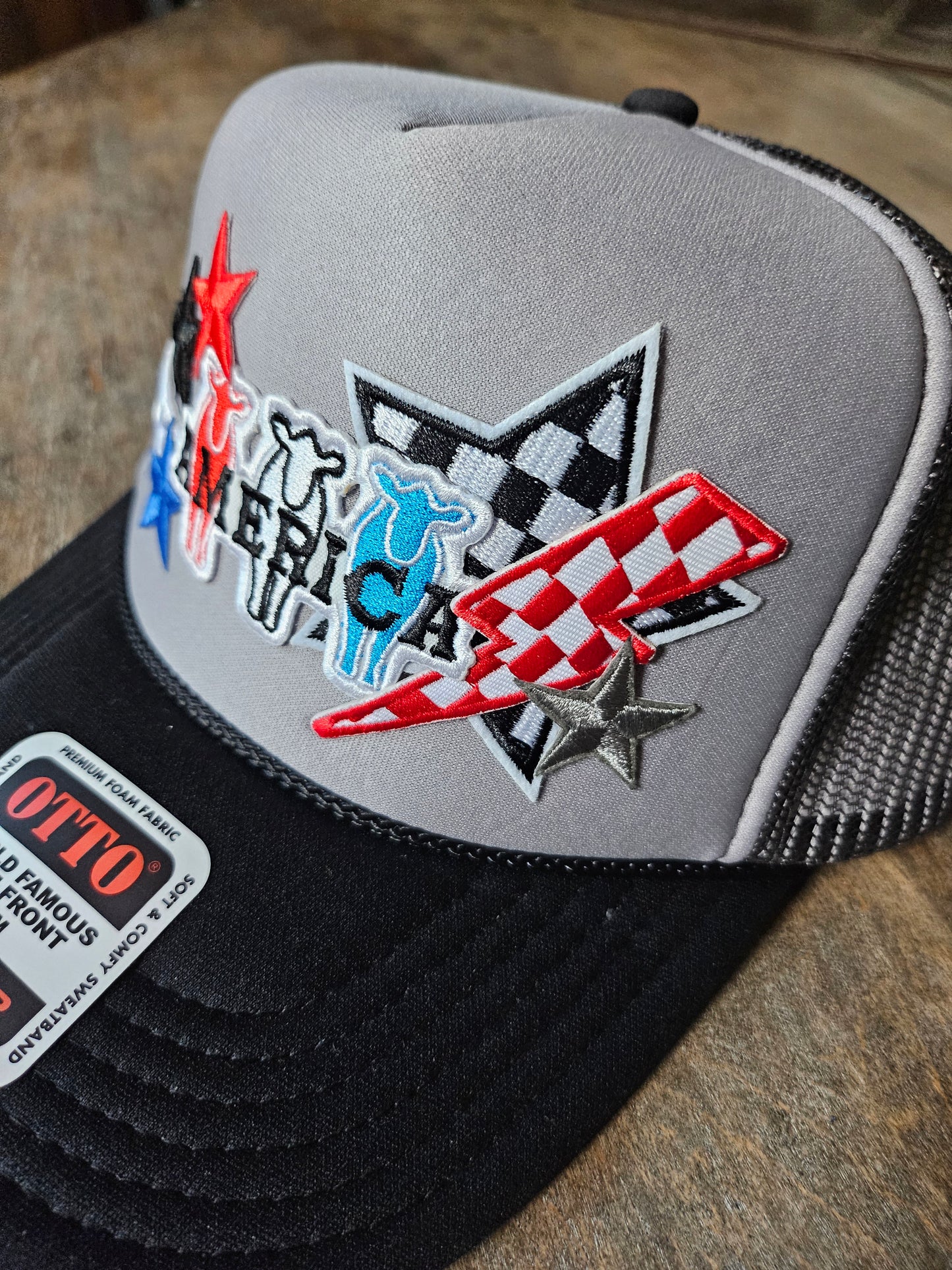 Red, white, and blue trucker hats
