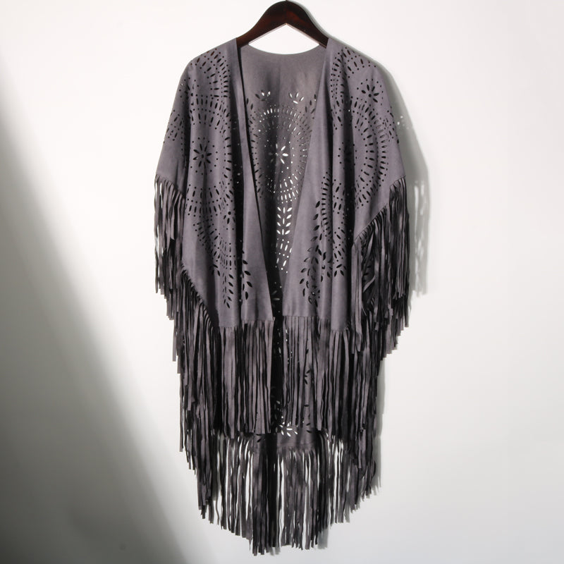 Western fringe cutout poncho shawl