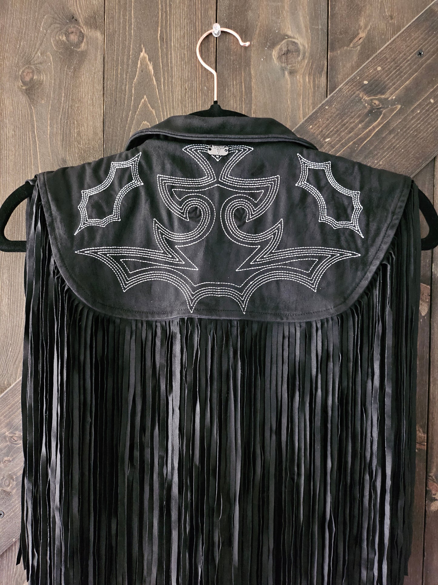 Black Boot-stitched Embroidered Western Cape W Fringe