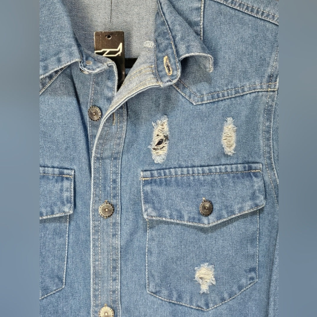 Stylish Distressed Light Blue Denim Jacket Top