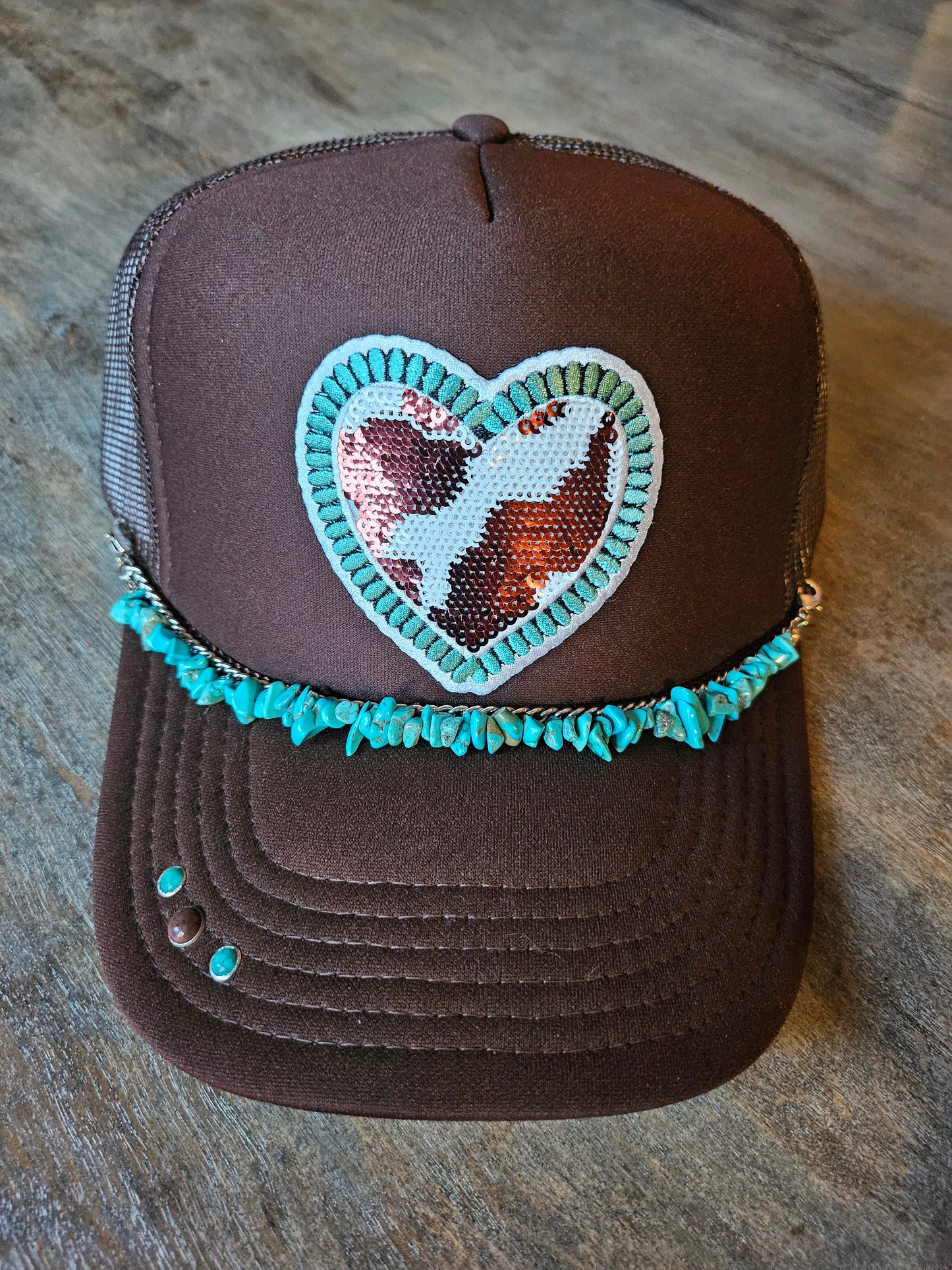 Custom trucker hat with sequin cow print heart