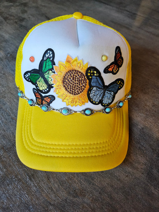 Custom yellow butterfly trucker hat