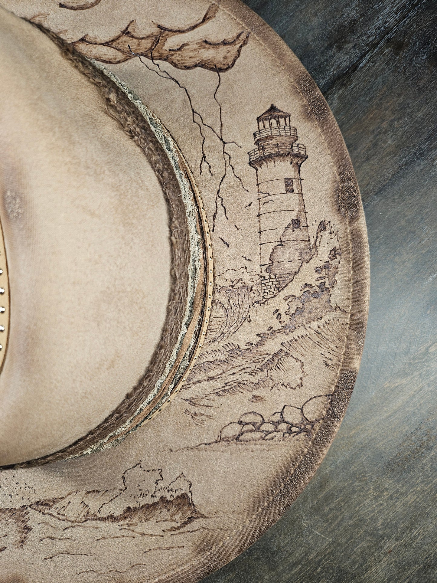 Beige fedora cowboy hat "I am the storm" faux suede