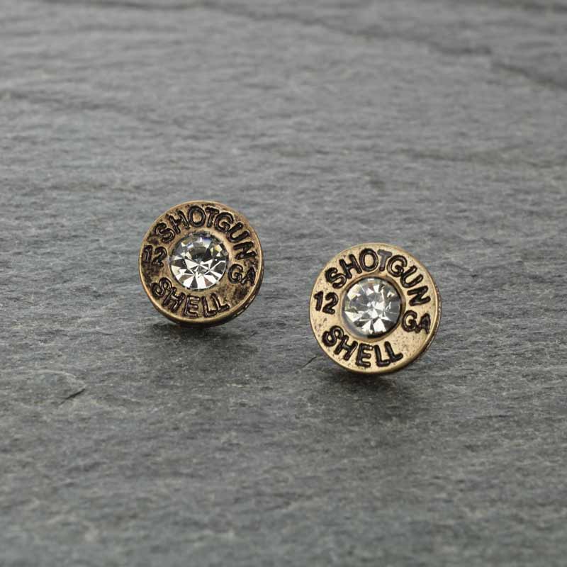 Gold Shotgun Shell Stud Rhinestone Earrings