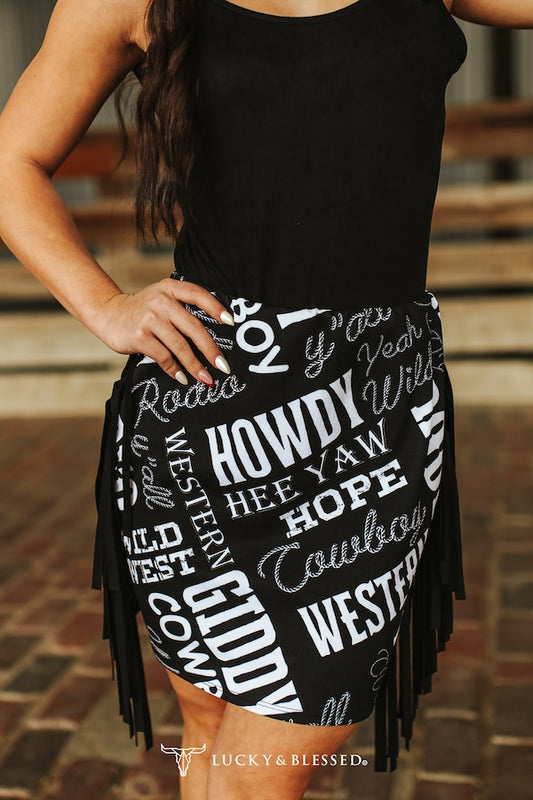 Black Howdy Printed skirt with Black Suede Side Fringe